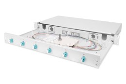 Panel krosowy FO z wyposażeniem 19'' 1U, 6x LC dx, OM3, pigtaile, adaptery, tacki, wysuwany, szary