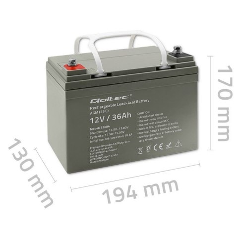 Qoltec Akumulator AGM | 12V | 36Ah | Bezobsługowy | Wydajny | LongLife | do UPS, skutera