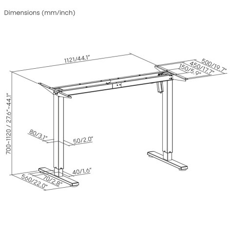 ERGO OFFICE BIURKO ELEKTRYCZNE REGULACJA MAX WYS. 1160MM, MAX - 80 KG, BEZ BLATU DO PRACY STOJĄCO SIEDZĄCEJ, CZARNE ER-400 B