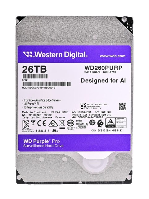 Dysk HDD WD Purple Pro WD260PURP (26 TB ; 3.5"; 512 MB; 7200 obr/min)