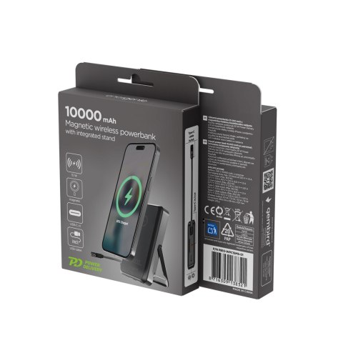 GEMBIRD BEZPRZEWODOWY POWERBANK MAGNETYCZNY 15 W ZE ZINTEGROWANĄ PODSTAWKĄ 10000 MAH, CZARNY