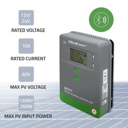 Qoltec Solarny regulator ładowania MPPT z czujnikiem temperatury 10A |12V / 24V | LCD | 2 x USB | Bluetooth | APP | GEL | LiFePO