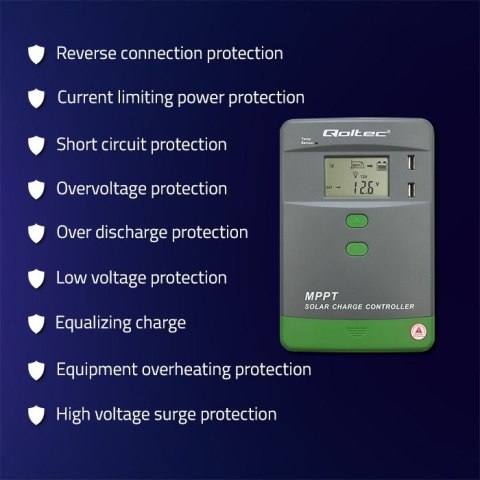 Qoltec Solarny regulator ładowania MPPT z czujnikiem temperatury 10A |12V / 24V | LCD | 2 x USB | Bluetooth | APP | GEL | LiFePO