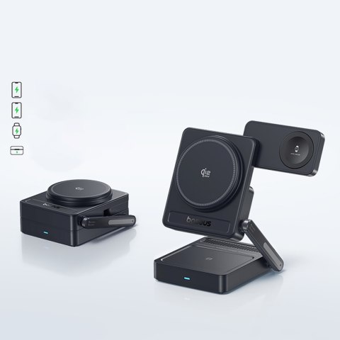 Ładowarka bezprzewodowa 3w1 Qi2.2 35W z zasilaczem EU 45W i kablem USB-C 1m - czarna
