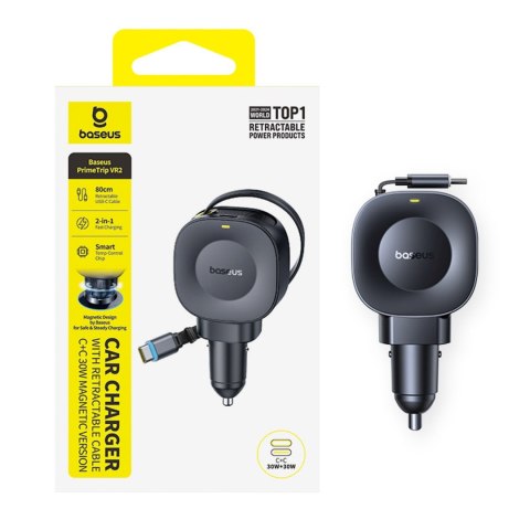 Ładowarka samochodowa USB-C ze zwijanym kablem USB-C 30W - czarna
