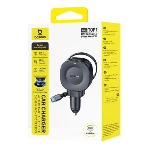 Ładowarka samochodowa USB-C ze zwijanym kablem USB-C 45W - czarna