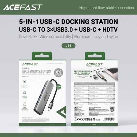 Hub stacja dokująca 5w1 USB-C - USB-A USB-C HDMI 4K 60Hz PD 90W - szara