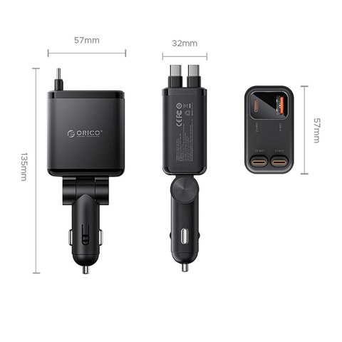 Ładowarka samochodowa USB-A USB-C 45W ze zwijanymi kablami USB-C - czarna