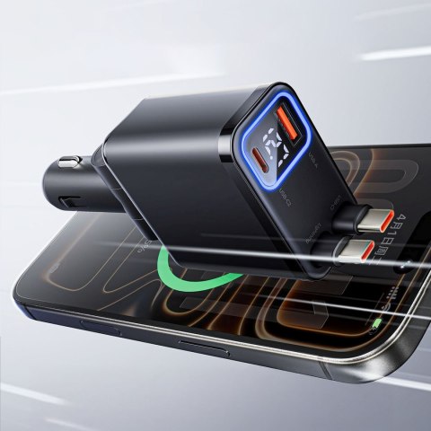 Ładowarka samochodowa USB-A USB-C 45W ze zwijanymi kablami USB-C - czarna