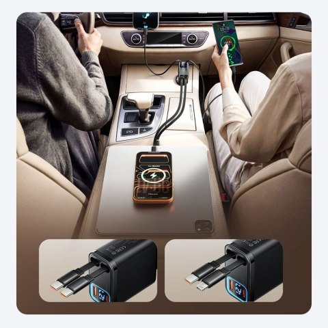 Ładowarka samochodowa USB-A USB-C 45W ze zwijanymi kablami USB-C - czarna