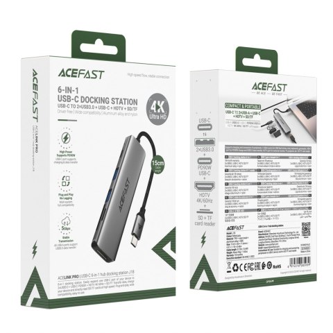 Hub stacja dokująca 6w1 USB-C - UAB-A USB-C HDMI SD 4K 60Hz PD 90W - szara