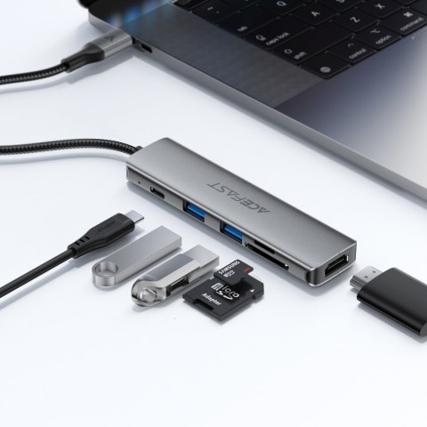 Hub stacja dokująca 6w1 USB-C - UAB-A USB-C HDMI SD 4K 60Hz PD 90W - szara