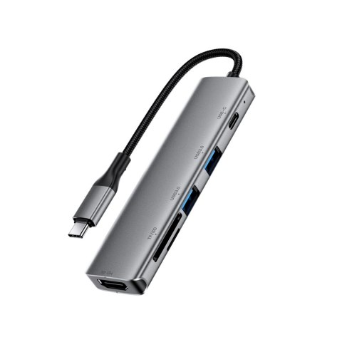 Hub stacja dokująca 6w1 USB-C - UAB-A USB-C HDMI SD 4K 60Hz PD 90W - szara