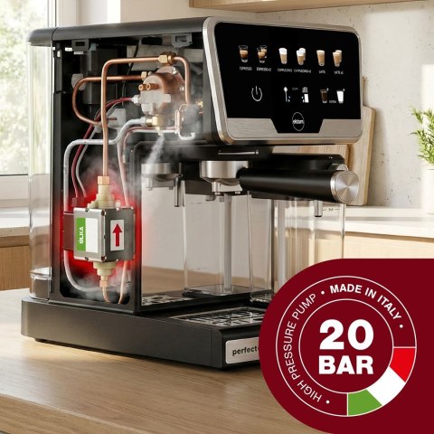 ELDOM EKSPRES CIŚNIENIOWY KOLBOWY ECK1 1300W 20 BAR, ZASOBNIK NA MLEKO, 6 PROGRAMÓW AUTOMATYCZNYCH, 2 PROGRAMY RECZNE