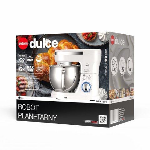 ELDOM ROBOT PLANETARNY WRK1300 DULCE, 1300W, 5L , TRY KOŃCÓWKI DO UBUJANIA, MISZANIA, UGNIATANIW, WYJMOWANA METALOWA MISA