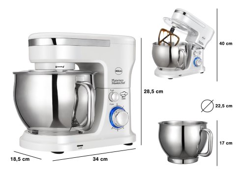 ELDOM ROBOT PLANETARNY WRK1300 DULCE, 1300W, 5L , TRY KOŃCÓWKI DO UBUJANIA, MISZANIA, UGNIATANIW, WYJMOWANA METALOWA MISA