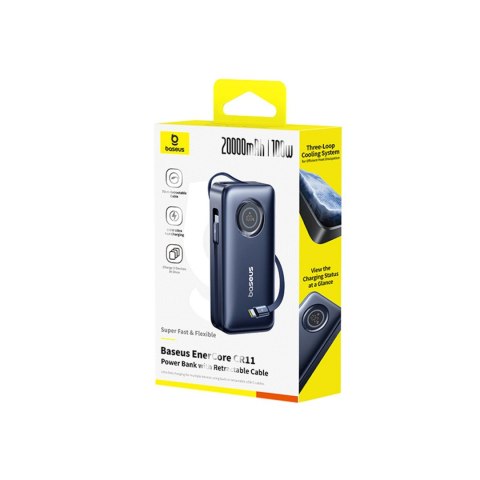 Powerbank 20000mAh 100W ze zwijanymi kablami USB-C - czarny