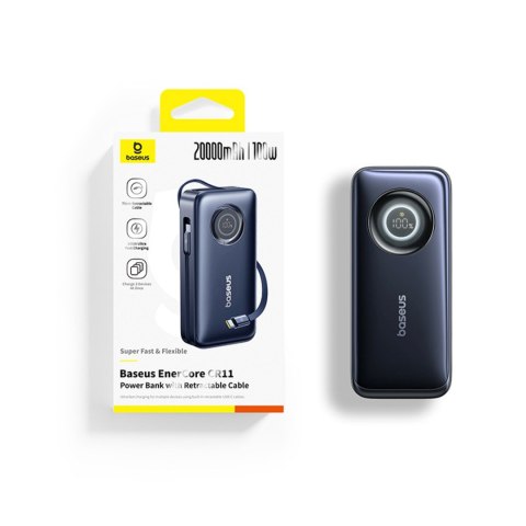 Powerbank 20000mAh 100W ze zwijanymi kablami USB-C - czarny