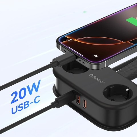 Listwa zasilająca 5w1 AC USB-A USB-C GaN 20W - czarna