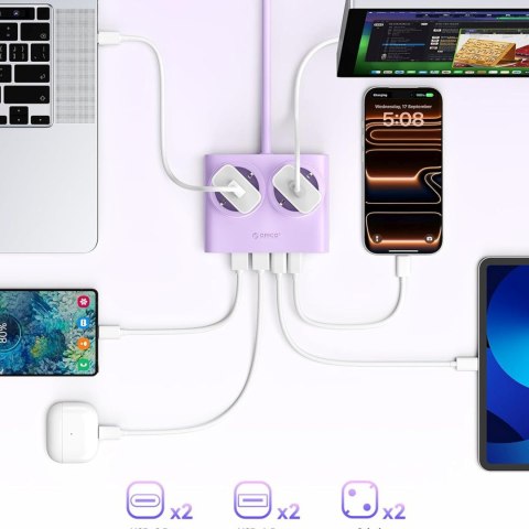 Listwa zasilająca 6w1 AC USB-A USB-C 25W - fioletowa