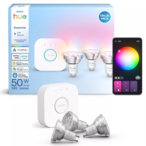 Philips Hue White and color ambiance Podstawowy zestaw startowy: 3 inteligentne żarówki z trzonkami GU10 (345 lm)