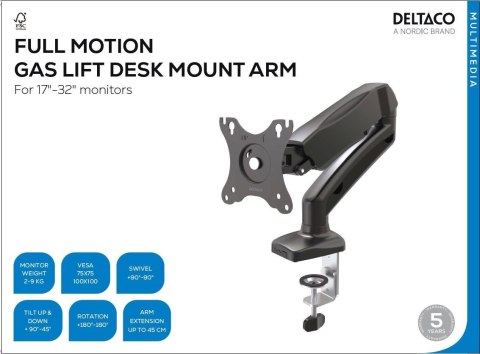 Deltaco ARM-534 uchwyt / stojak do monitorów 68,6 cm (27") Biurko Czarny
