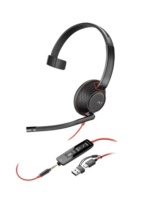 POLY Jednouszny zestaw słuchawkowy USB-C Blackwire 5210 + wtyczka 3,5 mm + przejściówka USB-C/A