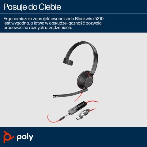 POLY Jednouszny zestaw słuchawkowy USB-C Blackwire 5210 + wtyczka 3,5 mm + przejściówka USB-C/A
