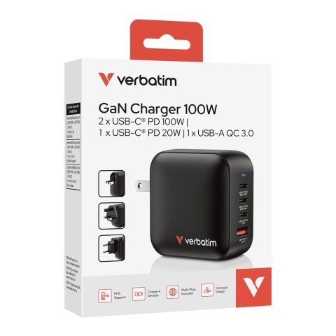 Verbatim Mini GaN Ładowarka 100W 3xUSB-C PD, 1xUSB-A QC 3.0