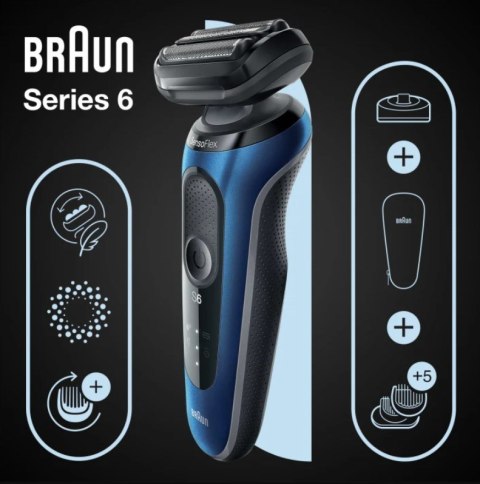 Braun Series 6 61-B4500cs - Golarka foliowa - Niebieski - Przyciski - LED - Ładowanie - Zasilanie - AC/Bateria