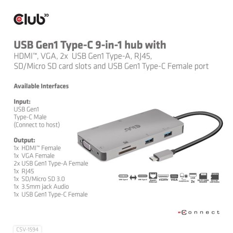 CLUB3D CSV-1594 stacja dokująca USB 3.2 Gen 1 (3.1 Gen 1) Type-C Czarny, Szary