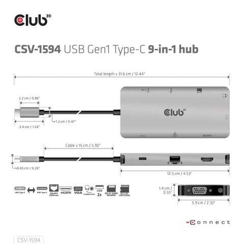 CLUB3D CSV-1594 stacja dokująca USB 3.2 Gen 1 (3.1 Gen 1) Type-C Czarny, Szary