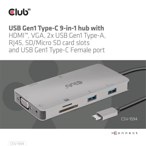 CLUB3D CSV-1594 stacja dokująca USB 3.2 Gen 1 (3.1 Gen 1) Type-C Czarny, Szary