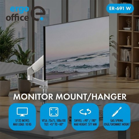 ERGO OFFICE UCHWYT / WIESZAK NA MONITOR SPRĘŻYNA GAZOWA, 17"-32", 1-10KG, BIAŁY MAT, MAX. VESA 100X100 ER-691 W