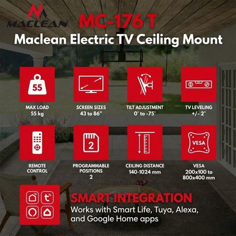 MACLEAN UCHWYT ELEKTRYCZNY DO TV, SUFITOWY, OBSŁUGA TUYA, MAX. VESA 800X400, DLA TV 43-86", MAX. 55KG MC-176 T