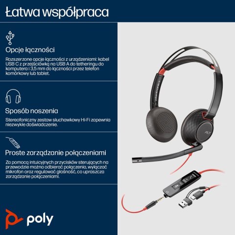 Poly Blackwire 5220 Stereo USB-C Headset +3.5mm Plug +USB-C/A Adapter