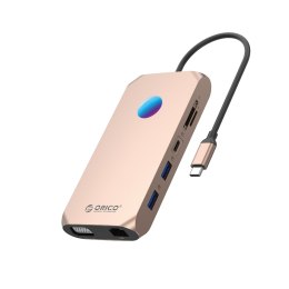 HUB 12w1 USB-C - USB-A USB-C HDMI VGA microSD/SD RJ45 audio 3.5 mm PD 100W 4K RGB - różowo złoty