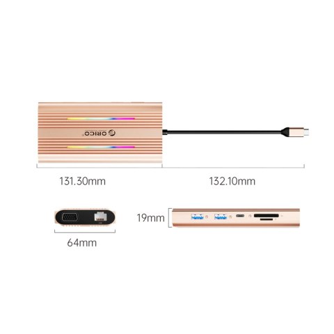 Stacja dokująca HUB 12w1 USB-C - USB-A USB-C HDMI VGA RJ45 SD PD 100W 4K 1000Mbps RGB - różowo złota