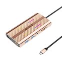 Stacja dokująca HUB 12w1 USB-C - USB-A USB-C HDMI VGA RJ45 SD microSD PD 100W 4K RGB - różowo złota