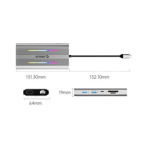 Stacja dokująca HUB 12w1 USB-C - USB-A USB-C HDMI VGA RJ45 SD microSD PD 100W 4K RGB - szara