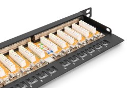 Panel krosowy high density 19'' 24x RJ45, LSA poziom, kat.6, ekranowany, 0.5U, czarny, prowadnica kabli