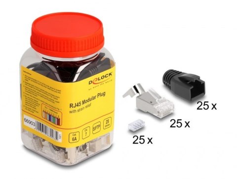 DeLOCK Wtyczka modułowa RJ45 z odgiętką, Cat.6A, Cat.7 i nasadki przeciwzagięciowe, zestaw 25 sztuk