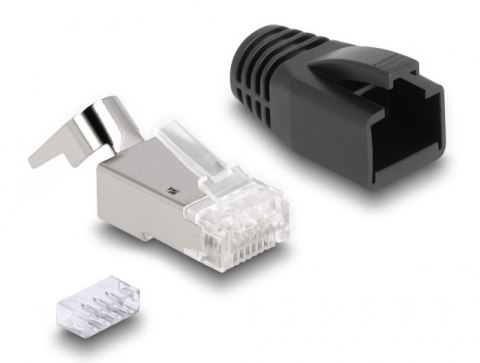 DeLOCK Wtyczka modułowa RJ45 z odgiętką, Cat.6A, Cat.7 i nasadki przeciwzagięciowe, zestaw 25 sztuk