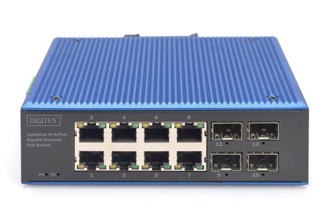 Przełącznik przemysłowy 8+4-Port Gigabit Ethernet PoE z 8x GE RJ45 i 2 SFP+ Portami, PoE