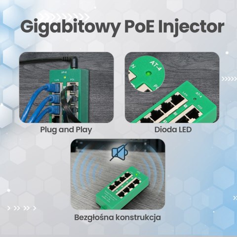 Extralink Gigabit PoE Injector 4 Portowy Aktywny, 4 porty Gigabit 802.3at/af, Mode A