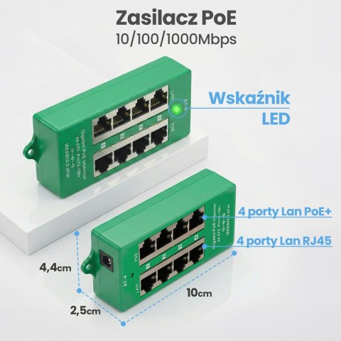 Extralink Gigabit PoE Injector 4 Portowy Aktywny, 4 porty Gigabit 802.3at/af, Mode A