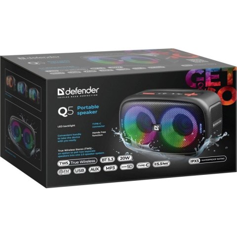 GŁOŚNIK DEFENDER Q5 BLUETOOTH 5.3 20W LED/BT/FM/USB/TWS