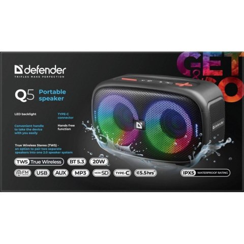 GŁOŚNIK DEFENDER Q5 BLUETOOTH 5.3 20W LED/BT/FM/USB/TWS