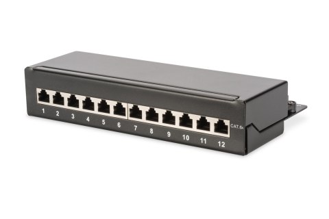 Digitus Panel krosowy desktop 12x RJ45, LSA poziom, kat.6A, ekranowany, czarny, prowadnica kabli