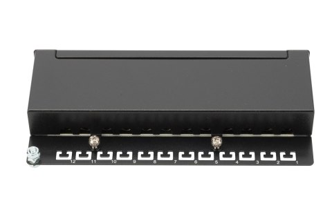 Digitus Panel krosowy desktop 12x RJ45, LSA poziom, kat.6A, ekranowany, czarny, prowadnica kabli